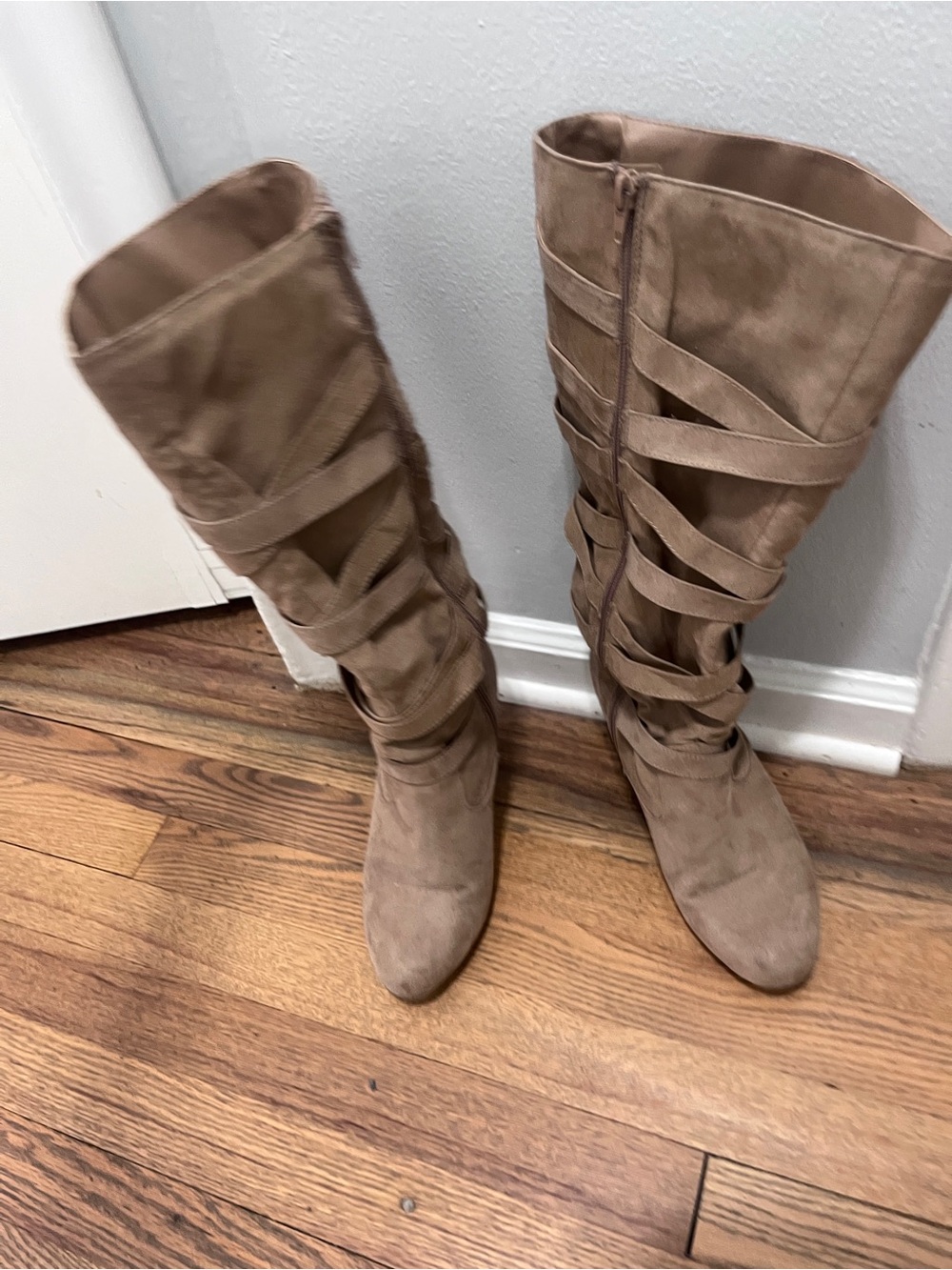 Suede Strappy Knee-High Boots in Taupe size 9
